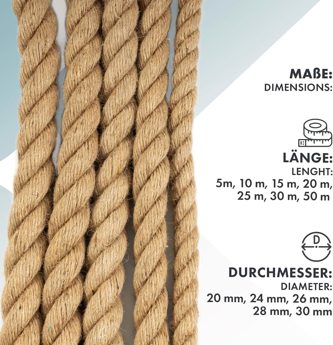 Floordirekt Juteseil 50m 20mm Dicke Juteschnur, Tau Seil aus 100% Natur Jute extra Starke Juteband S