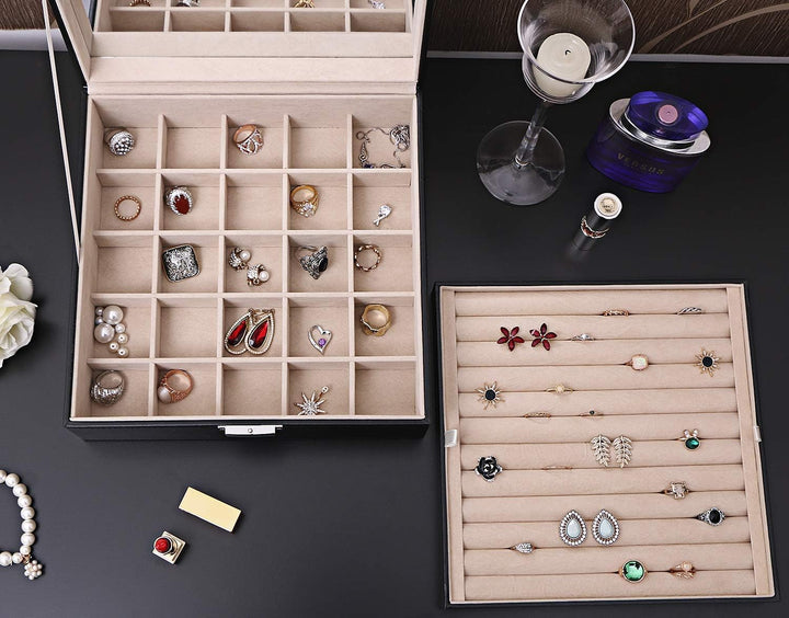 BEWISHOME Ring-Organizer und Ohrring-Box-Halter – 11 Ringschlitze, 25 Ohrringfächer, grosser Spiegel