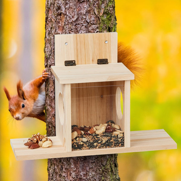 Relaxdays Eichhörnchen Futterhaus, Bausatz, Holz, 2 Eingänge &amp; Sitzplattformen, zum Aufhängen, Eichh