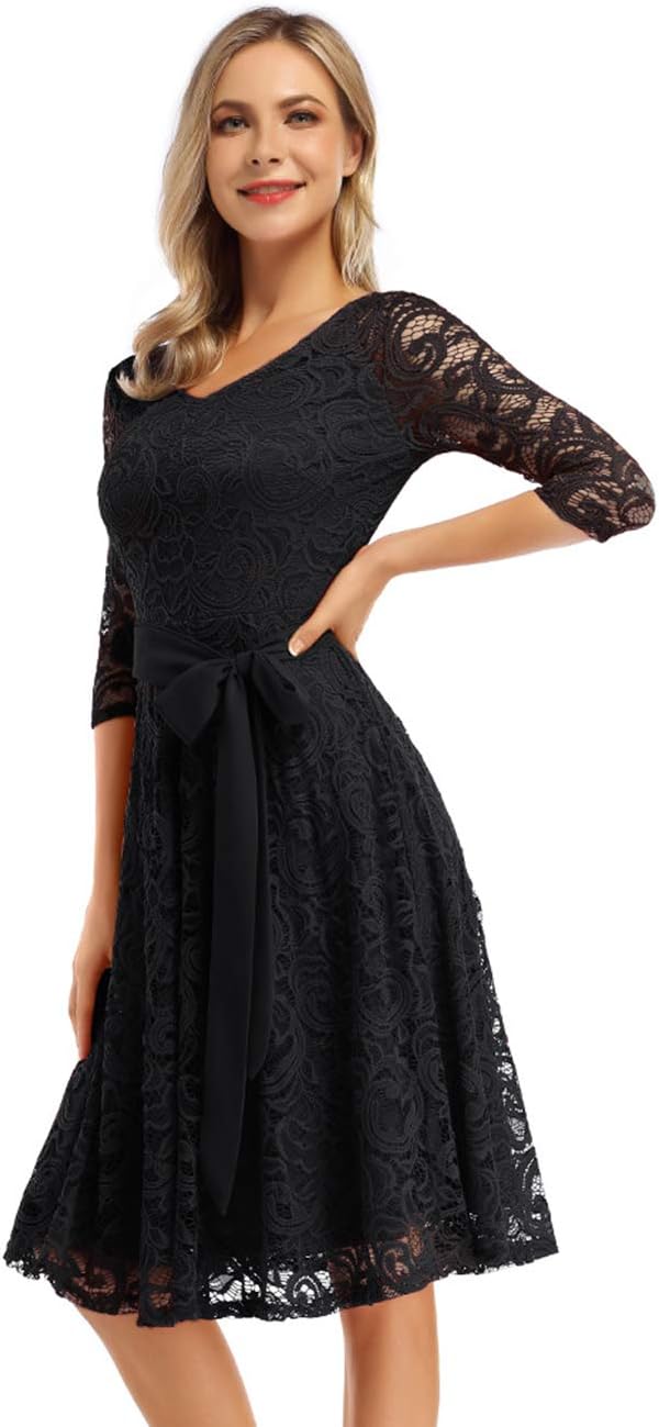 KOJOOIN Damen Vintage Brautjungfernkleider für Hochzeit Knielang Spitzenkleid Cocktailkleid Ballklei