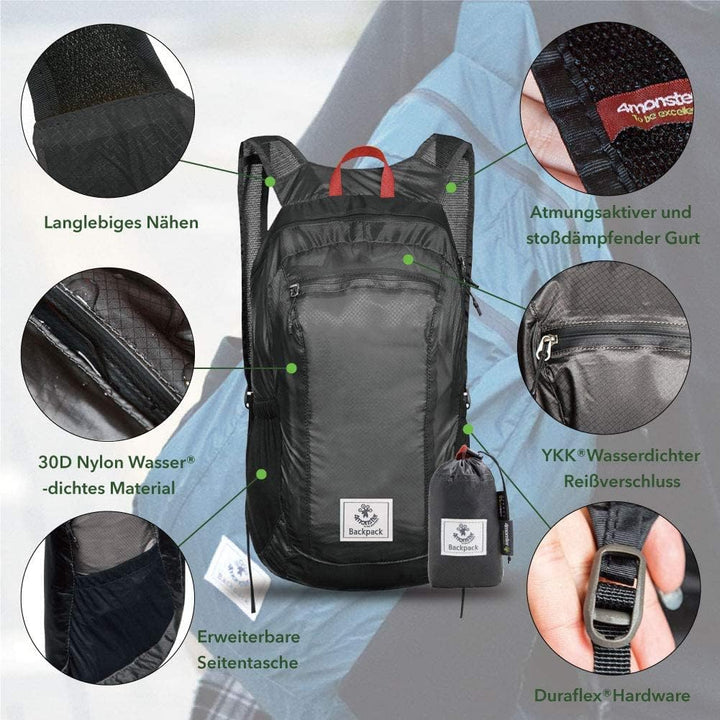 4Monster Faltbarer Rucksack Ultra Leicht, Unisex Tagesrucksack Outdoor, Wasserdichter Wanderrucksack
