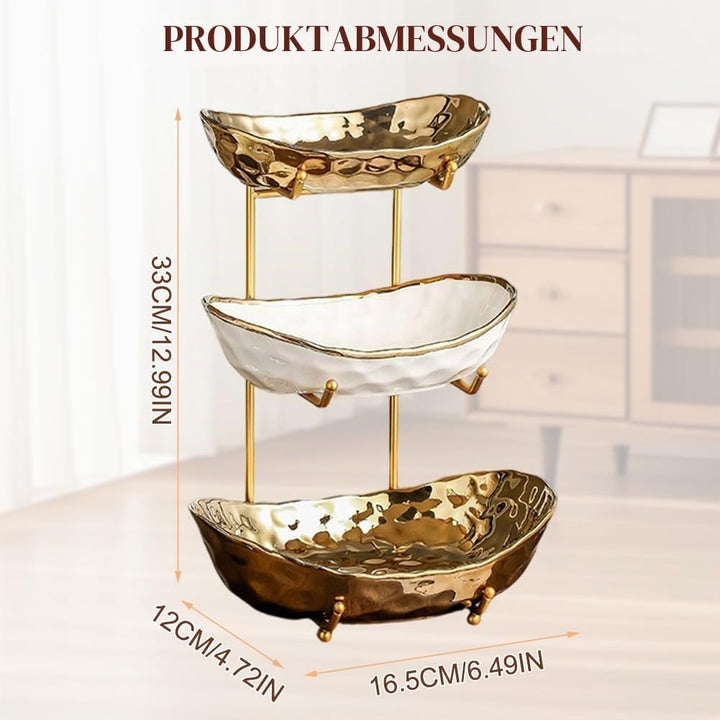 3-Schicht Obstschale Keramik mit Metallgestell, Obstschale Etagere, Elegante Etagere zum Servieren v