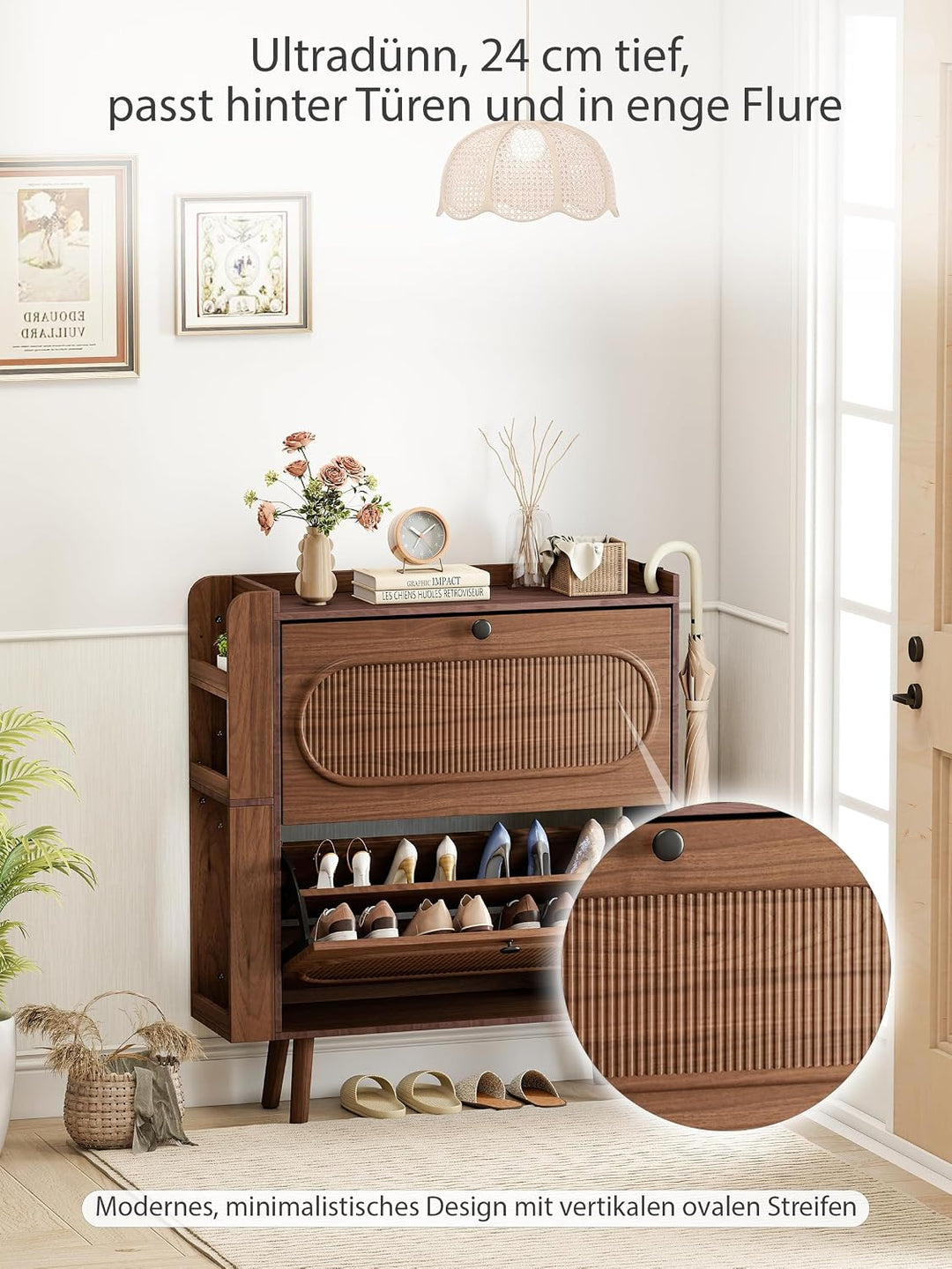 Schuhschrank Schmal mit 2 Klappen, Walnuss Nussbaum, Nussbaum