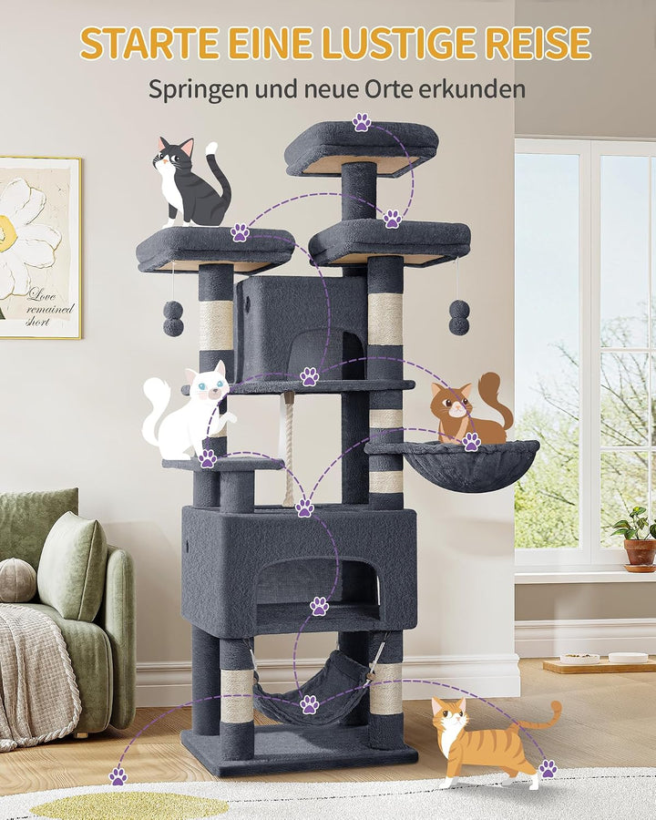 Hzuaneri Kratzbaum, 176 cm Katzenbaum, XL, 7 Kratzsäulen, Dunkelgrau Dunkelgrau 55 × 45 × 176 cm, Du