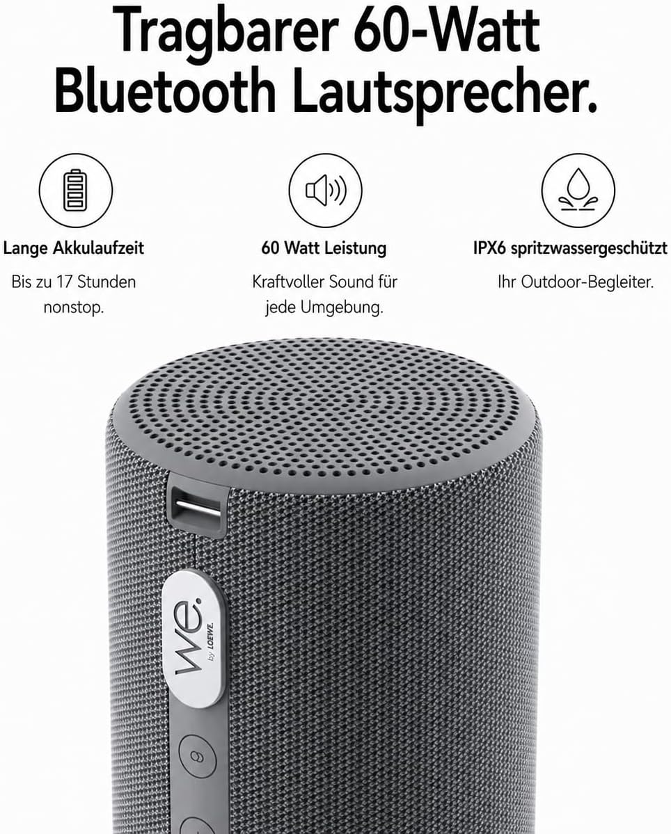 LOEWE We. Hear 2 Storm Grey, Bluetooth Lautsprecher, 60W, Wasserresistent, Tragbar, Aufladbar, 17h L