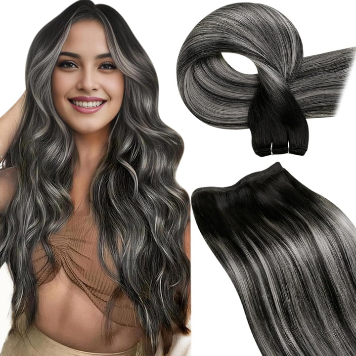 LaaVoo 55cm Extention Tressen Echthaar Balayage Schwarz Silber Sew in Tressen Echthaar zum Einnähen