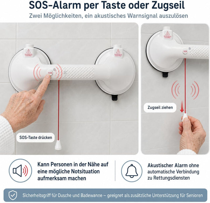 Magicbox Haltegriff Dusche ohne Bohren mit akustischem Alarm, 36,5 cm Haltegriff mit Saugnapf und na