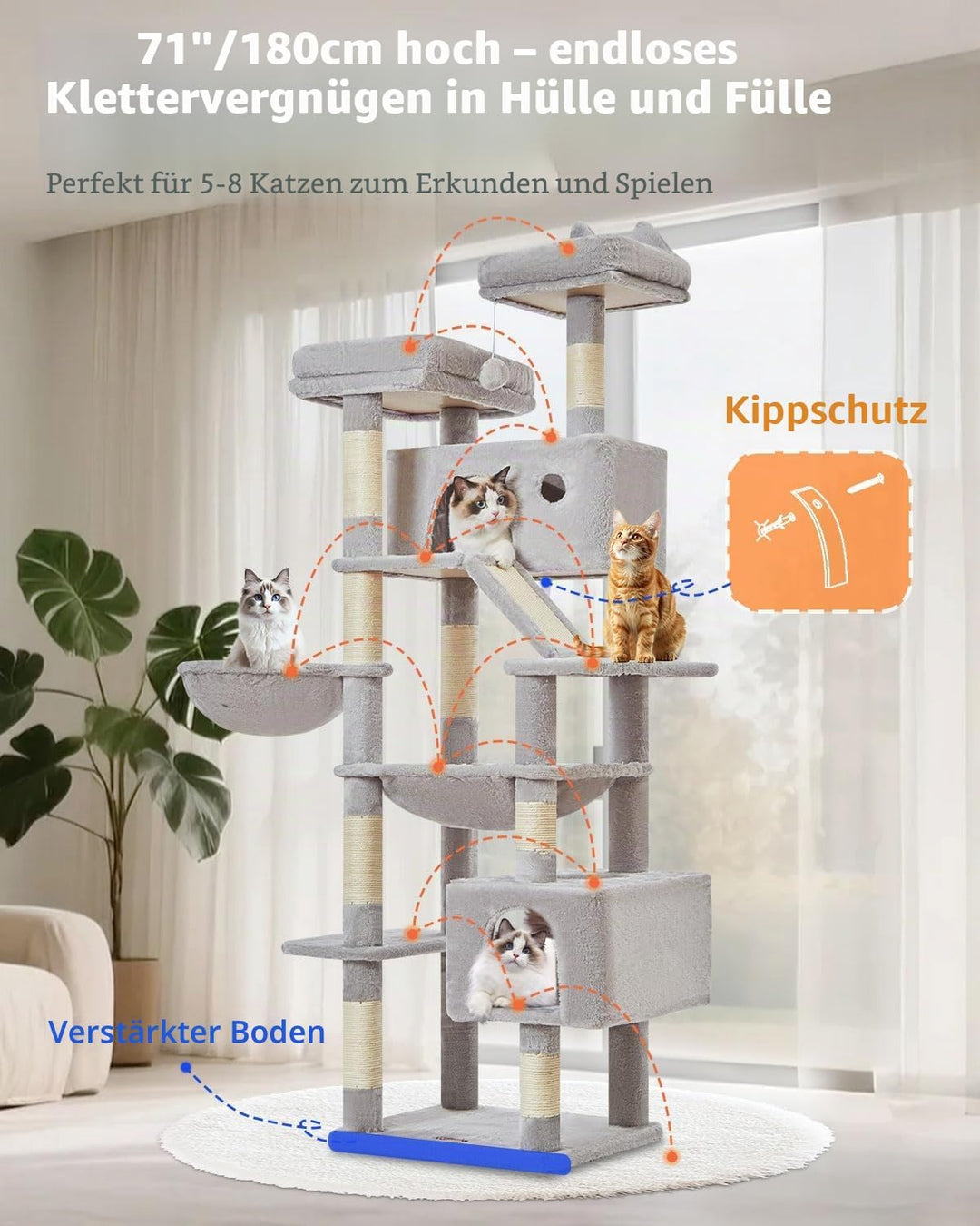 Taoqimiao 180CM Kratzbaum Gross, Katzenbaum Katzen Kratzbaum Grosse Katzen Stabil mit 2 Katzenhaus,
