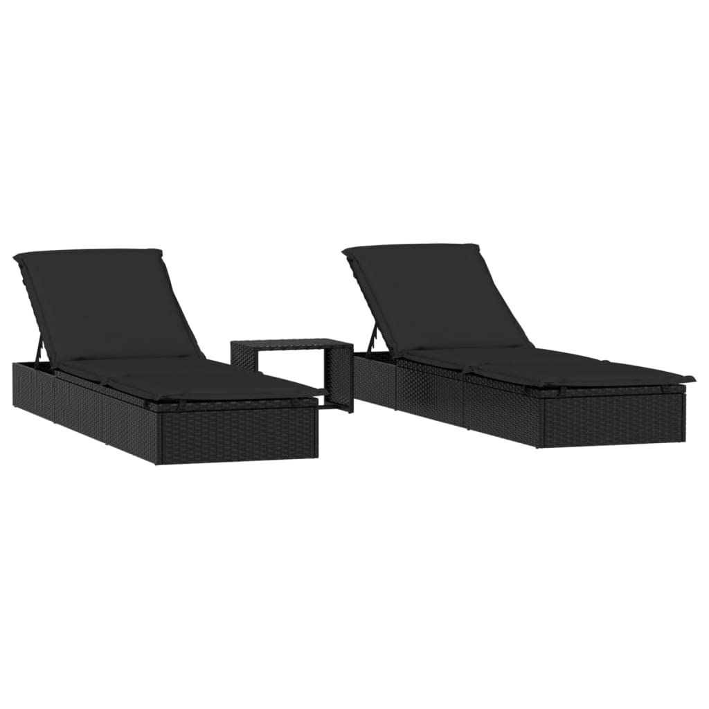 vidaXL Sonnenliegen 2 STK. mit Tisch Schwarz Poly Rattan, Schwarz