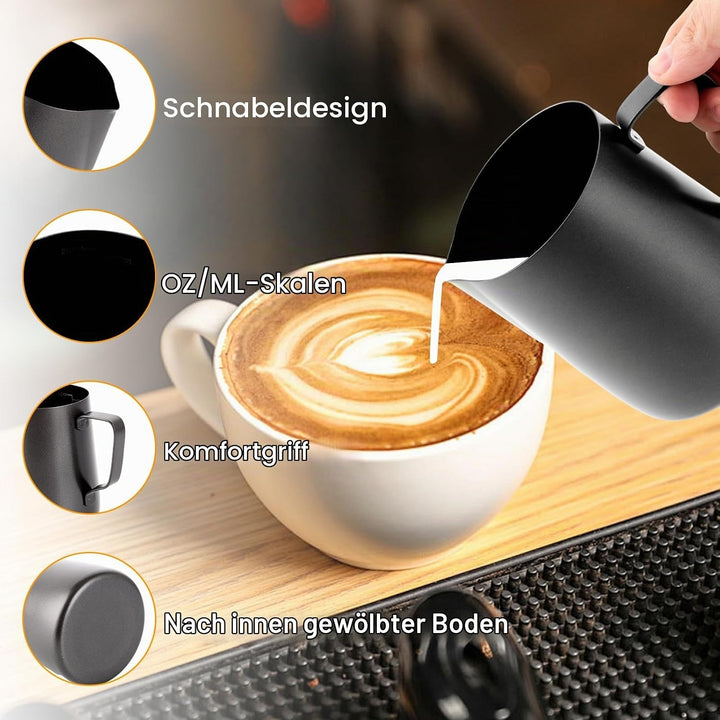 APACALI 2 Stück Milchkännchen Edelstahl Schwarz, Barista Milchschaumkännchen mit Messung Mark und La
