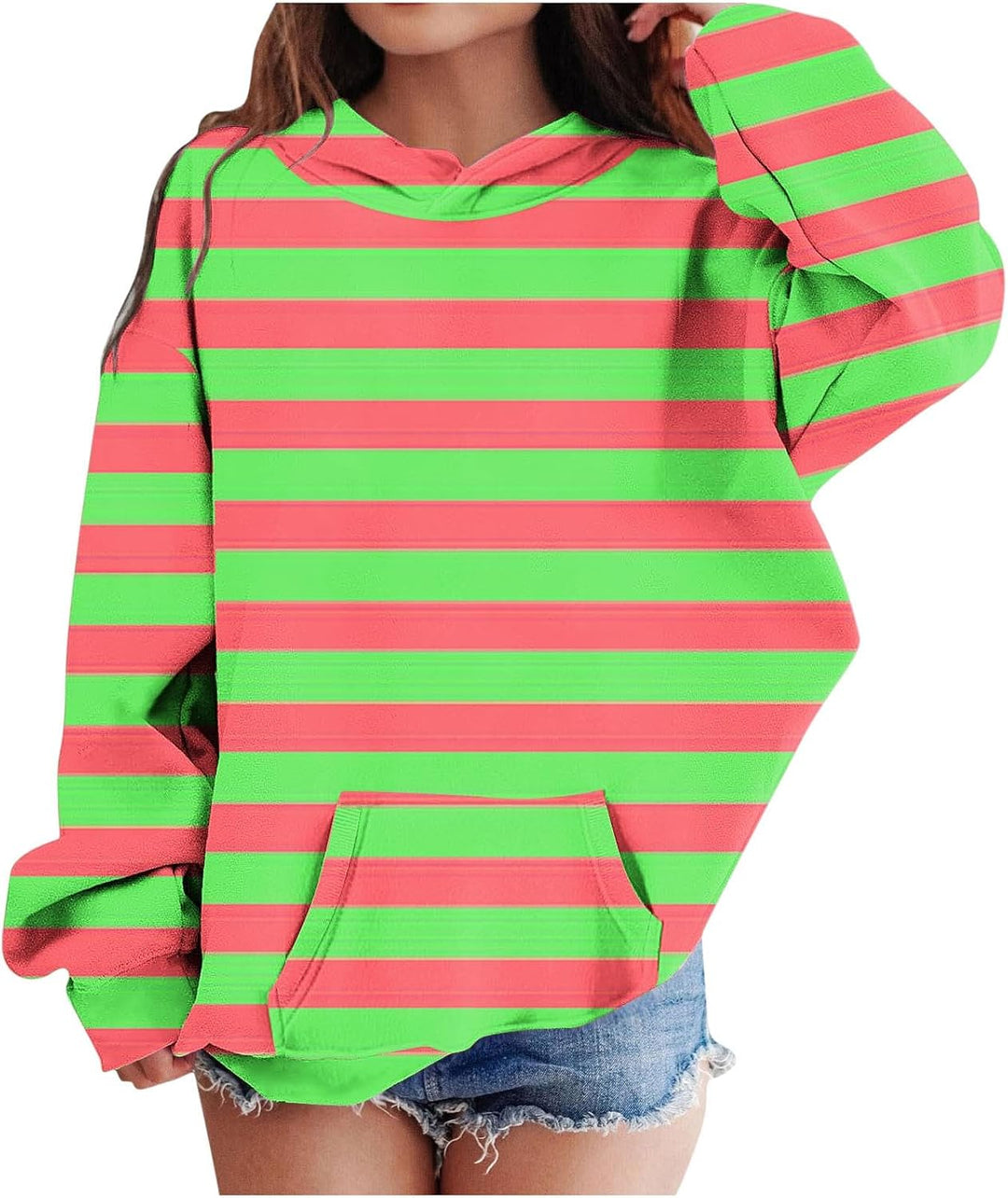 Y2k Hoodie Teenager Mädchen Mode Streifen Pullover Oversize Sweatshirt mit Kapuze und Tasche Langarm