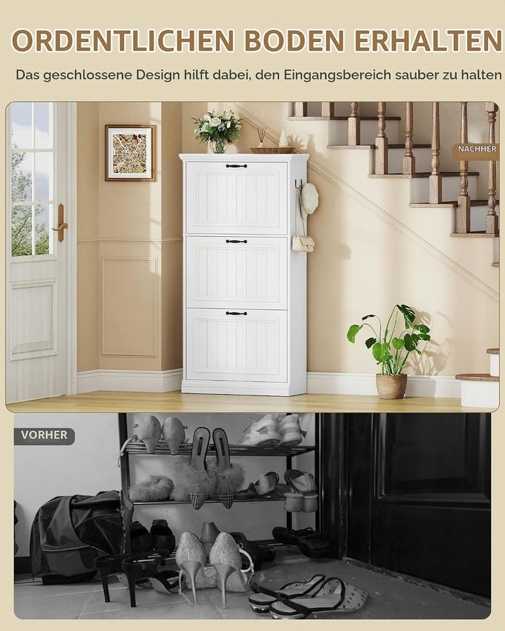 Hzuaneri Schuhschrank mit 3 Klappen, Schmaler Schuhschrank, Holz Schuhkipper, Trennwand Verstellbar,