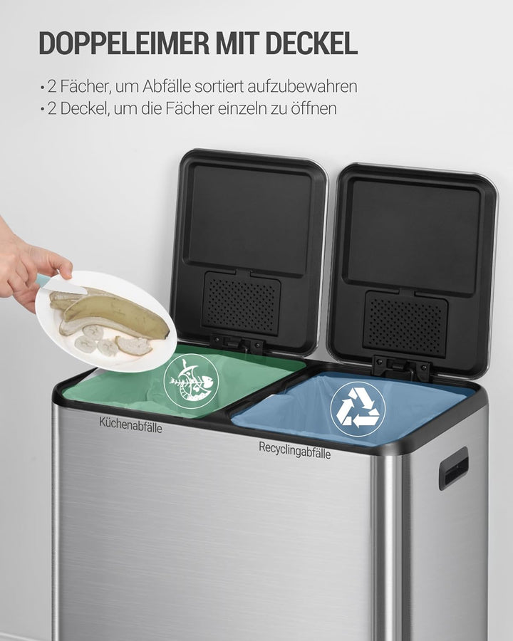 Hzuaneri Mülleimer Küche, Mülltrennsystem 2 Fächer 60 L (2 x 30 L), Edelstahl-küchenmülleimer, Tretm