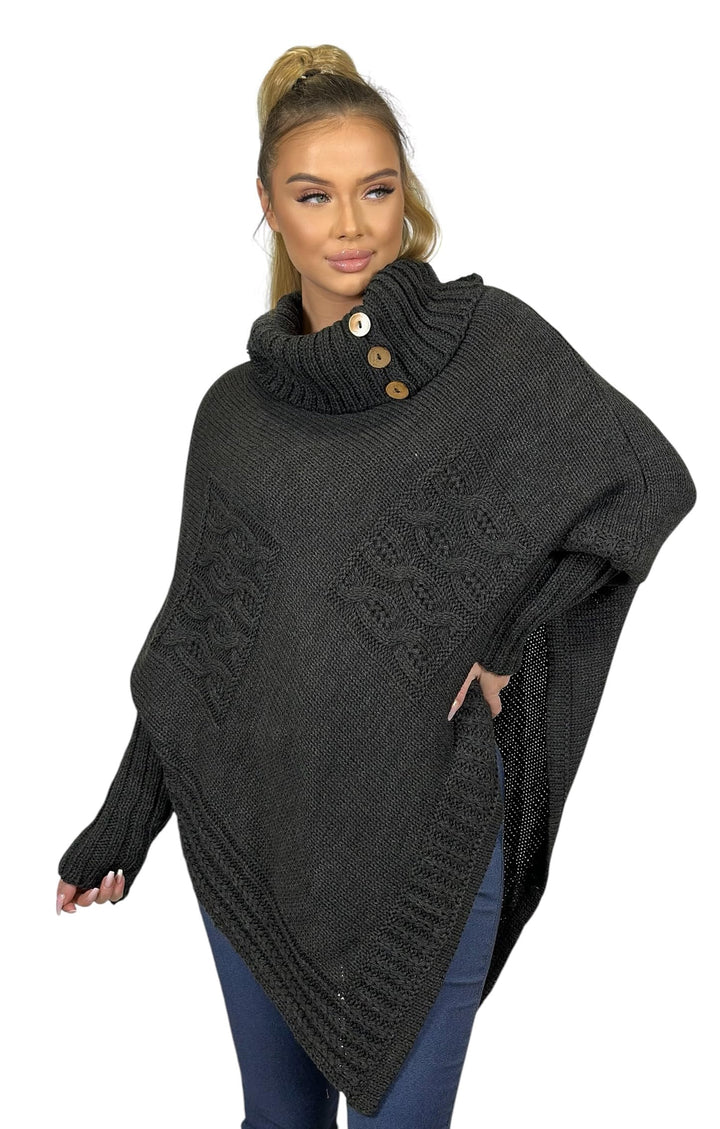 Mississhop Poncho Strick Sweatshirt Pullover Umhang Überwurf Einheitsgrösse Graphit, Einheitsgrösse