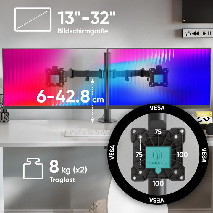 ONKRON Zweiarm Monitor Halterung für 13-32 Zoll Flach&amp;Curved Bildschirm, Tischhalterung Höhenverstel