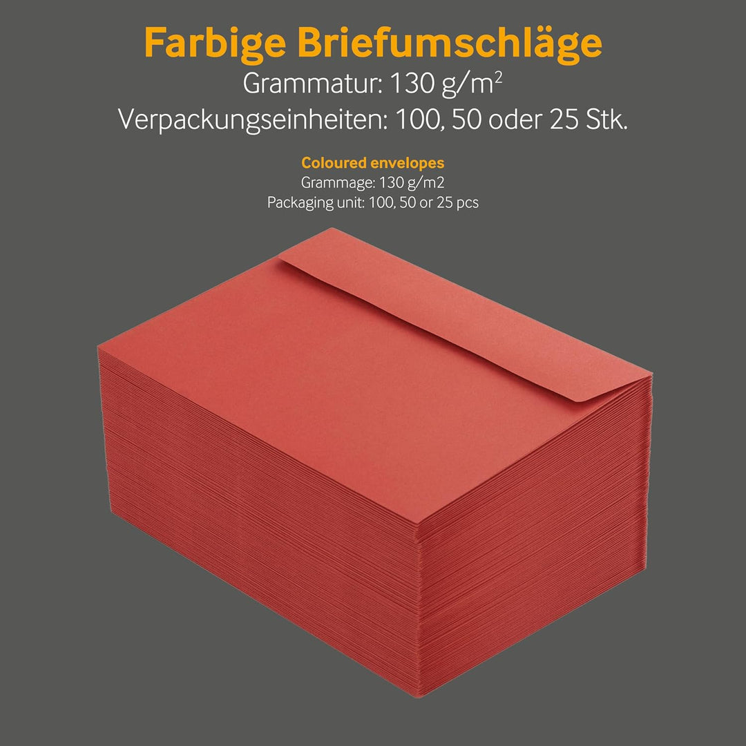 100 Stück, Farbige Briefumschläge, DIN C6, Haftklebung mit Abziehstreifen, Gerade Klappe, 130 g/qm C