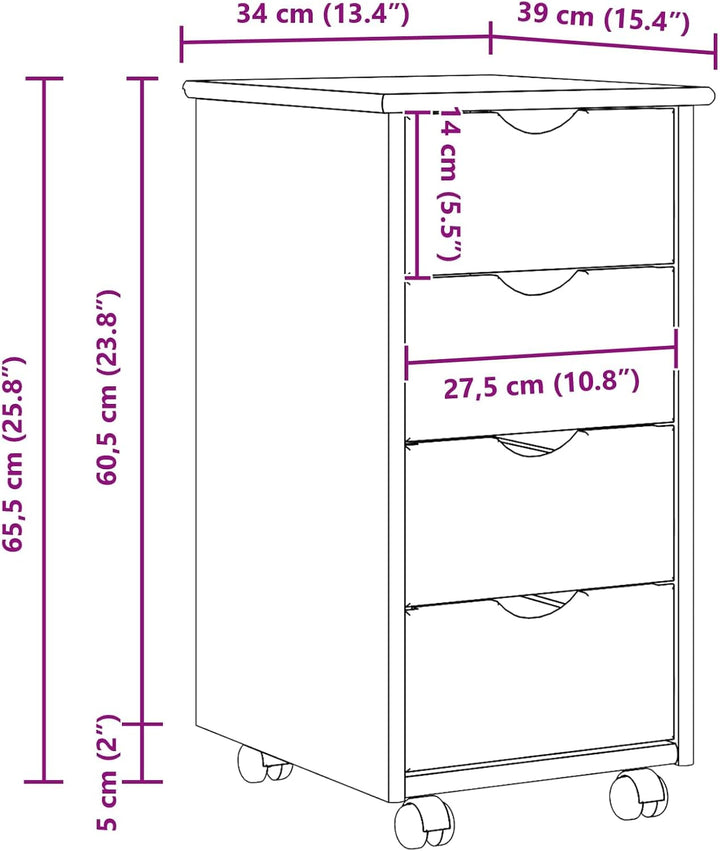 vidaXL Rollschrank 34 x 39 x 65,5 cm Massivholz Kiefer Schwarz, Schwarz