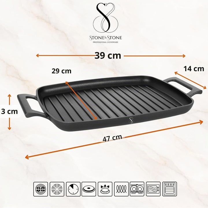 Stone&amp;Stone Grillpfanne 47 cm Rechteckig, Aluminium, Profi Antihaftbeschichtet GREBLON C3+ PFOA-frei