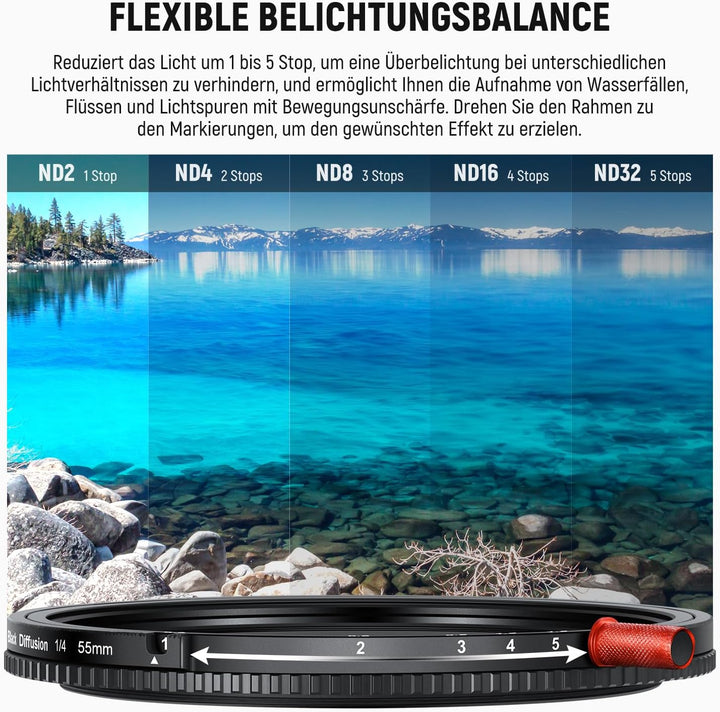 NEEWER 55mm 3 in 1 Variabler ND + CPL + Black Diffusion 1/4 Objektiv Filter, 55mm
