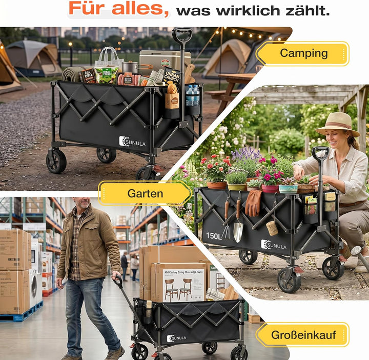 SUNULA Bollerwagen Faltbar 150L 120KG, Handwagen Geländegängig mit Bremsen Schwarz 150 L, Schwarz 15