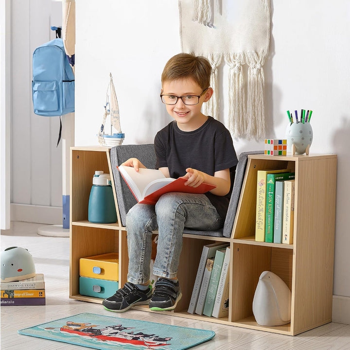 HOMCOM Bücherregal Kinder Kinderregal mit Sitzhocker 6 Fächern 3 Kissen Spielzeugregal Kinderbücherr