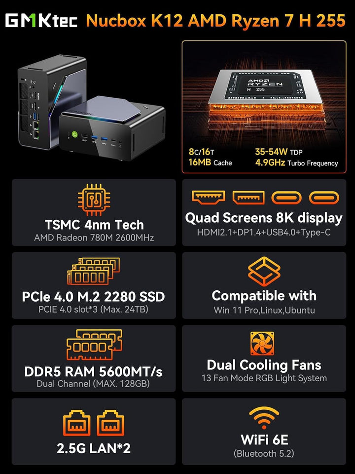 GMKtec Mini-PC 5825U, M5 Plus Dual LAN 2.5G Desktop-Computer Windows 11 Pro, AMD Ryzen 7 5825U (8 C/