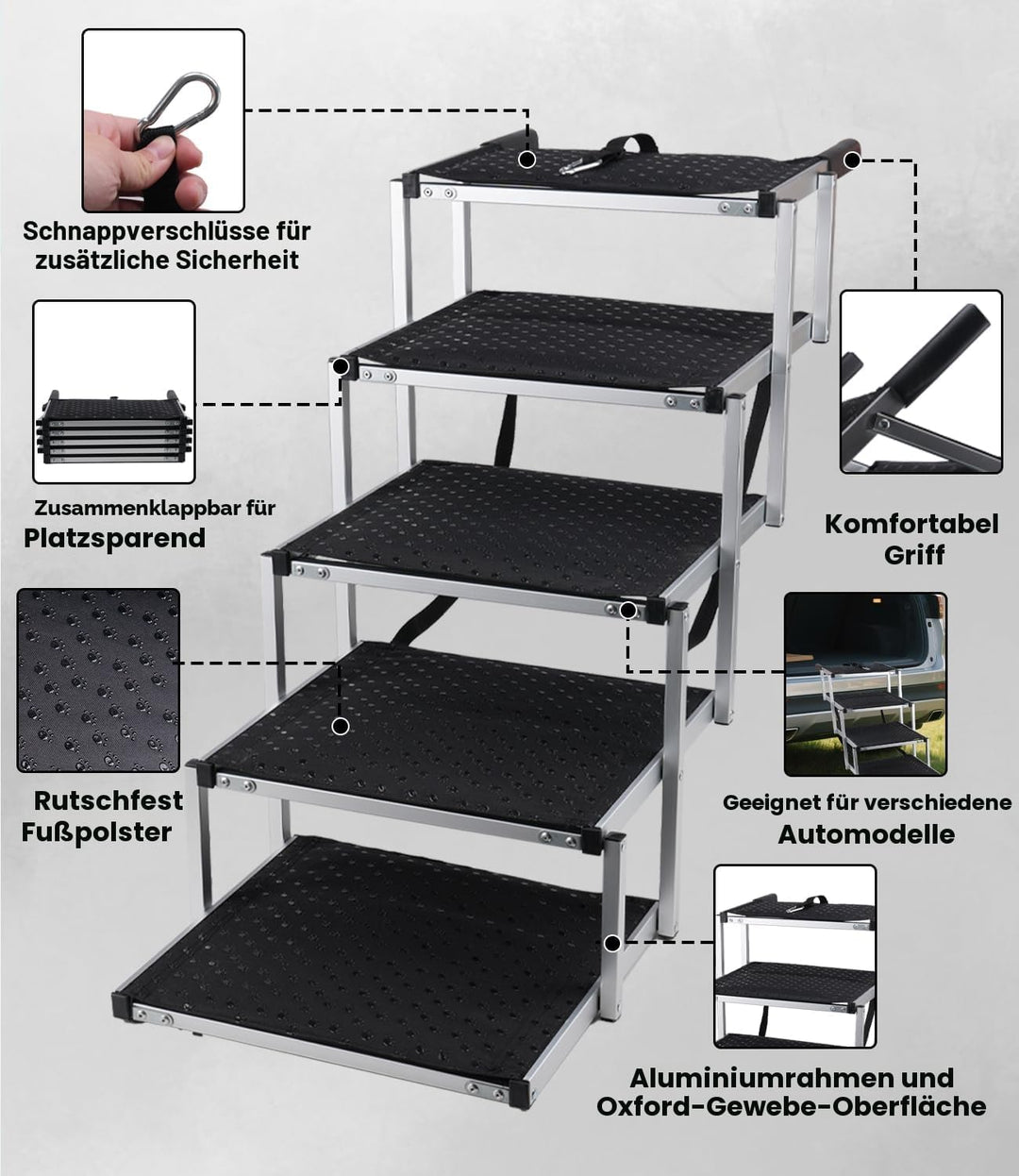 Hundetreppe Auto, Hunderampe Auto klappbar, Haustiertreppe, 5 Stufen Hundeleiter bis 80kg, Rampe Hun