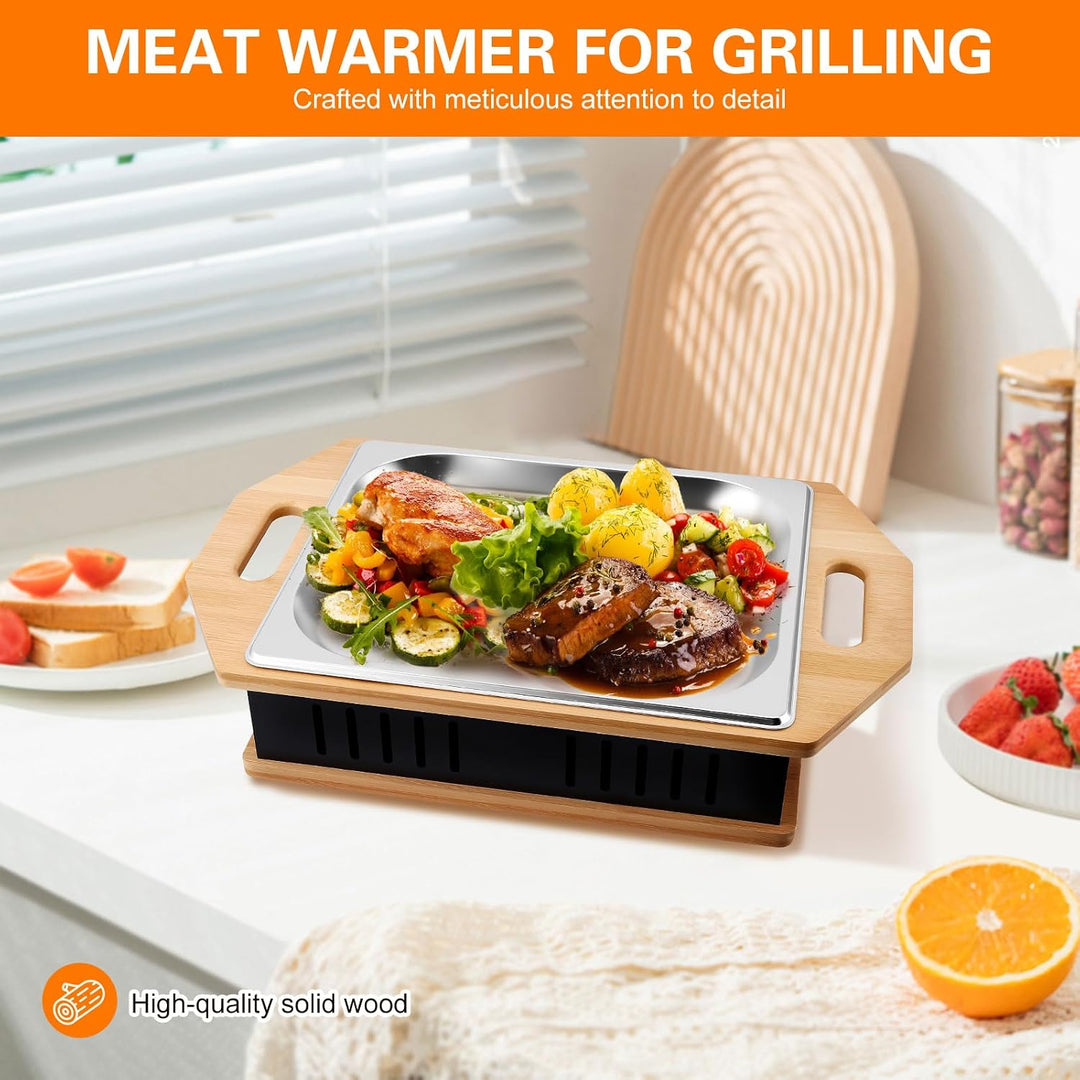 BBQ Warmhalteplatte Teelicht, BBQ Servierplatte mit Edelstahlauflage &amp; Teelichtfunktion, Fleischwarm