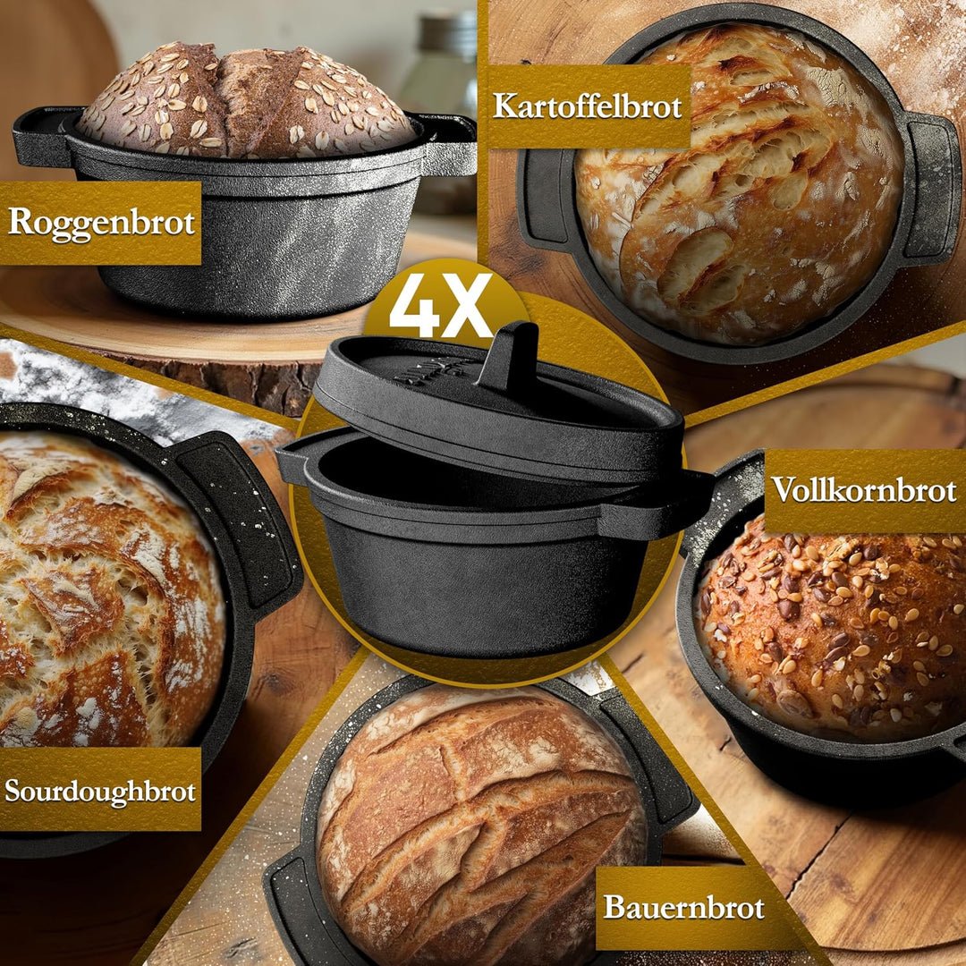 Mini Gusseisen Brotbackform Set–4x 300 ml Brotbacktopf mit Deckel–eingebrannte Mini Dutch Oven zum B