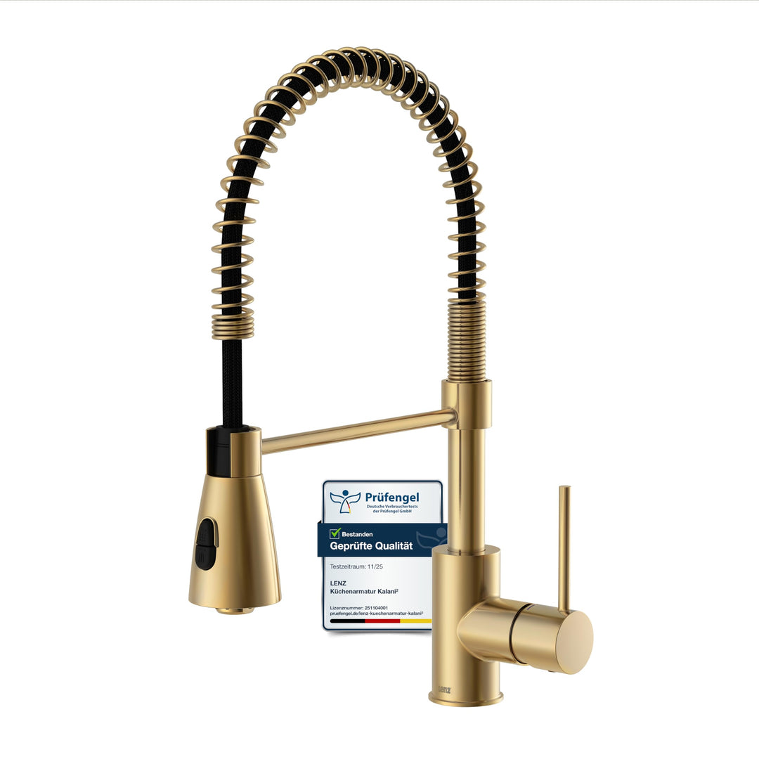 Lenz Küchenarmatur KALANI² in Gold-Optik – Pendelbrause mit 2 Strahlarten &amp; 360° schwenkbarer Bogena