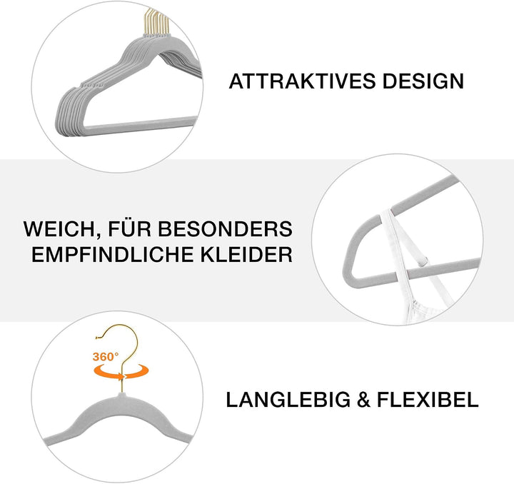 200 Stück hochwertige Samt Kleiderbügel in der Farbe Hellgrau mit Gold Look Haken/Anti-Rutsch/von St