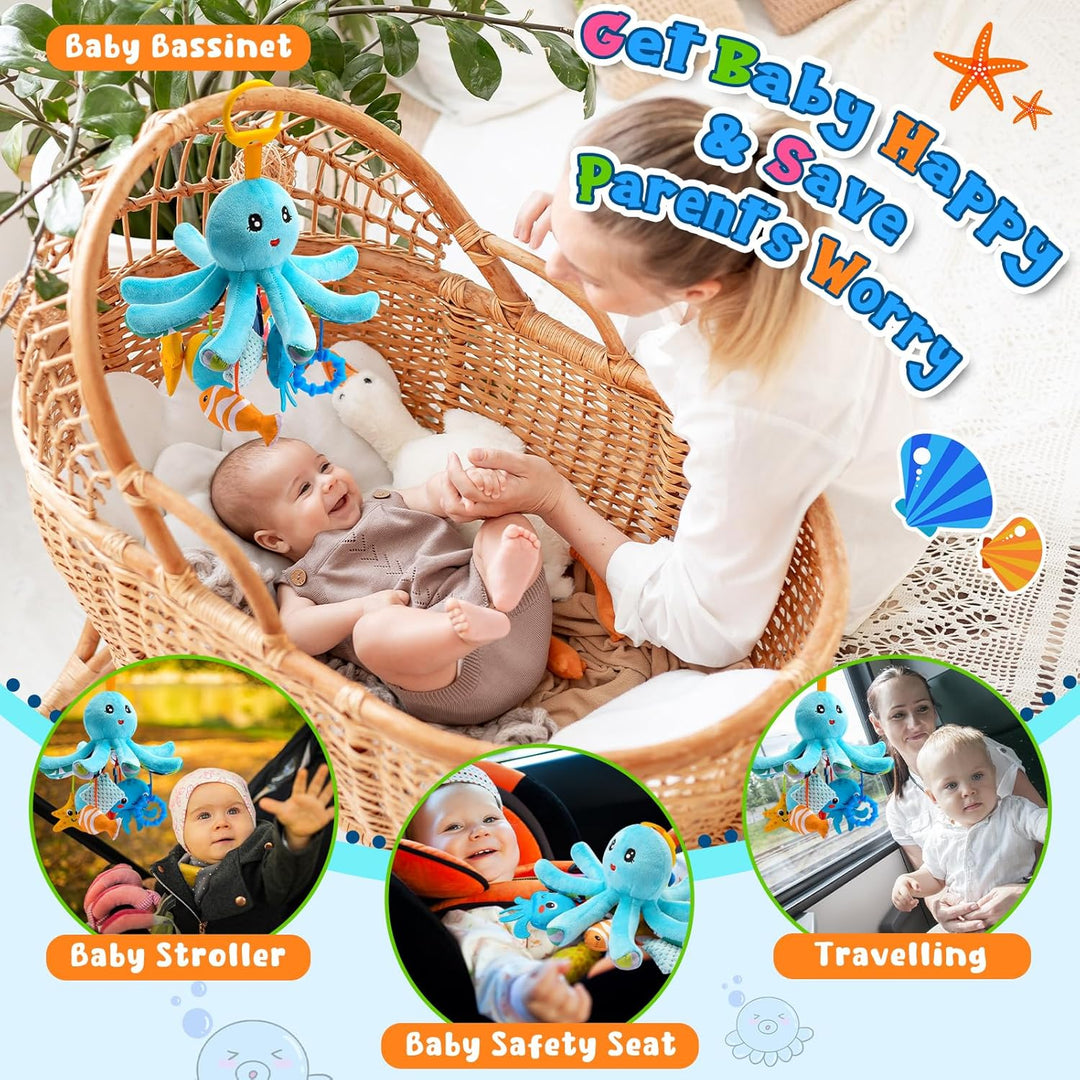 Plüsch Oktopus Baby Spielzeug 0-18 Monate – mit 8 hängenden Sensory-Spielzeugen &amp; Spiegel– Baby Mont