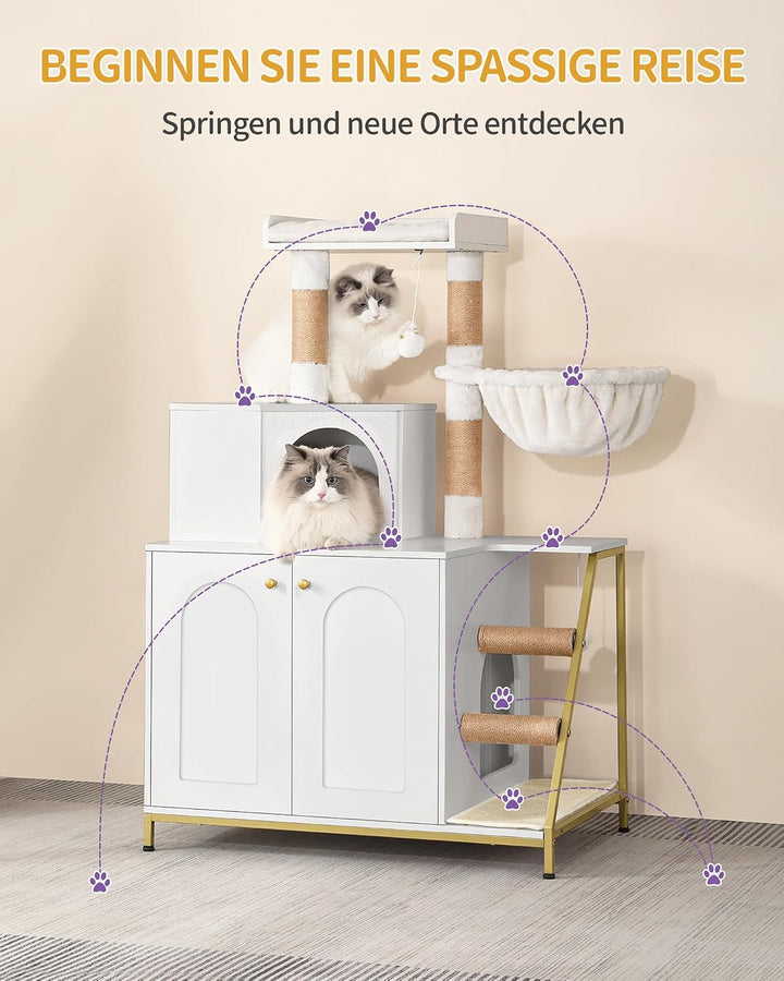 Hzuaneri Kratzbaum mit Katzenklo-Schrank, Katzenschrank, 4-in-1 Modernes Katzenhaus mit Grosser Plat