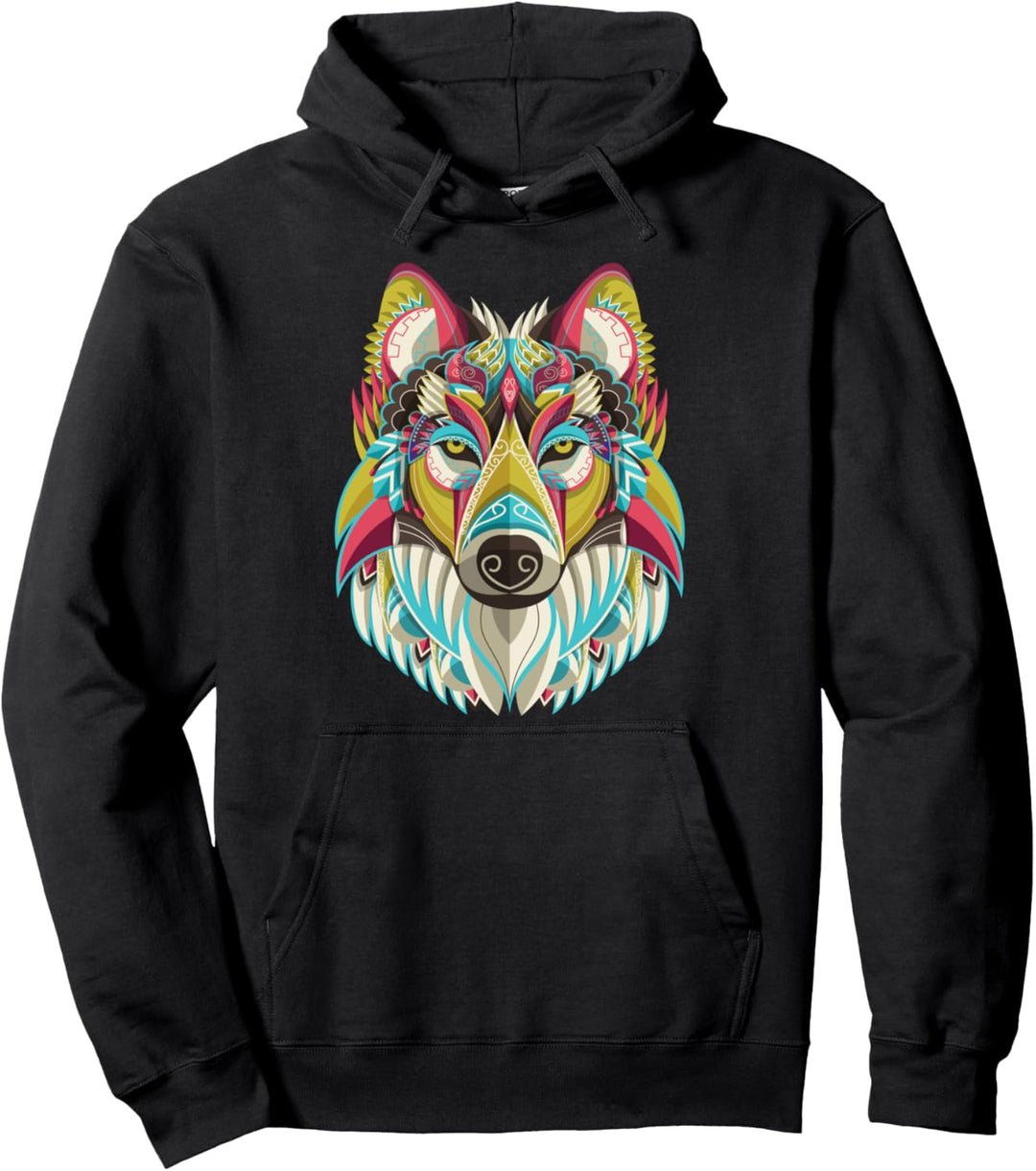 Farbenfroher psychedelischer Wolfskopf, bunt, Tribal Art Geschenk Pullover Hoodie