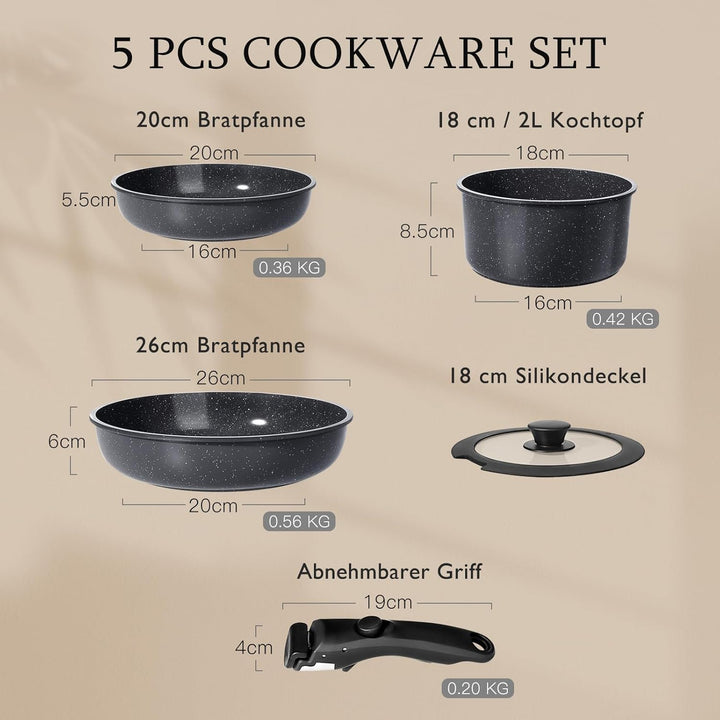 GiPP Keramik Topfset mit Abnehmbarer Griff, 5-Teilig Topf und Pfannenset mit Antihaft Beschichtet, T