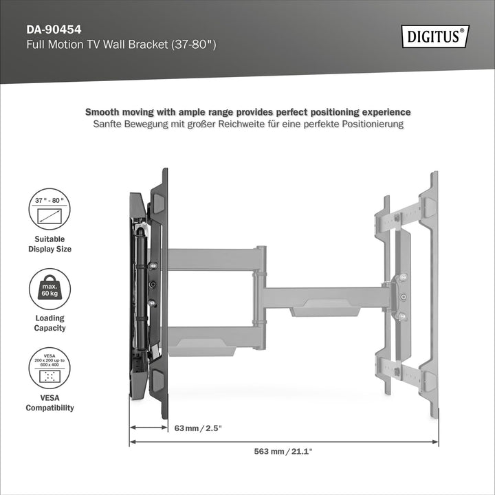 DIGITUS Full Motion TV-Wandhalterung 37-80" | 60 kg Belastung – Ausziehbar, schwenkbar, neigbar – In