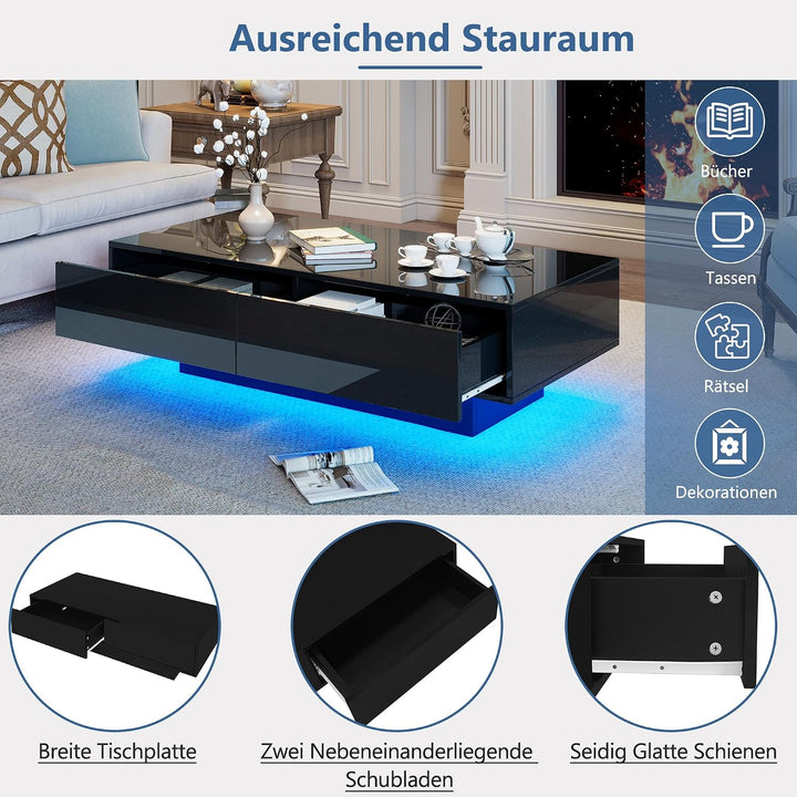Merax Couchtisch Schwarz Hochglanz, Wohnzimmertisch mit LED Beleuchtung, Kaffeetisch mit 2 Schublade