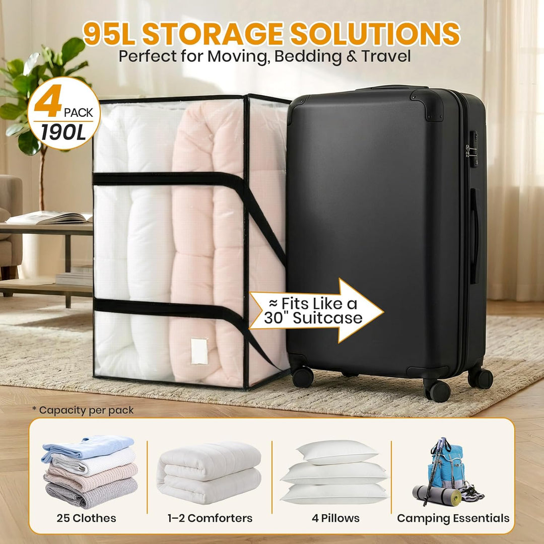 Velway 4 Stück 95L Aufbewahrungstasche, Heavy-Duty Weihnachtslager Transparente Umzugskartons Gross