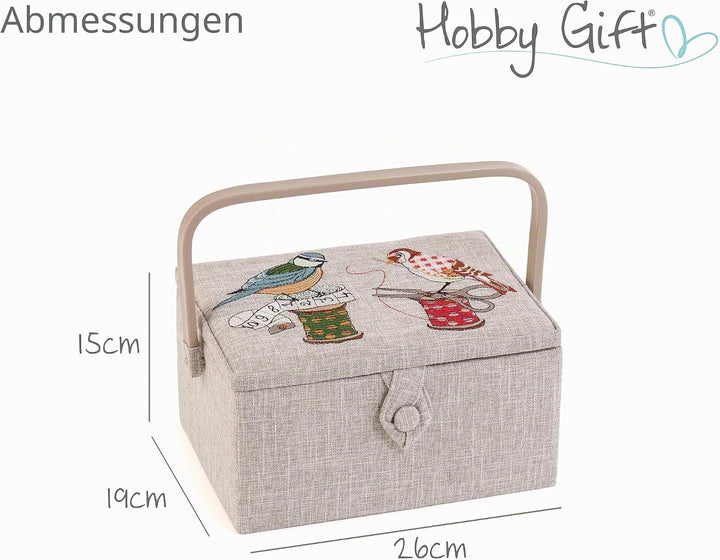 Hobby Gift Medium Näh-Aufbewahrungsbox, Holz/Stoff, Gestickte Vögel auf Spule, Gestickte Vögel auf S