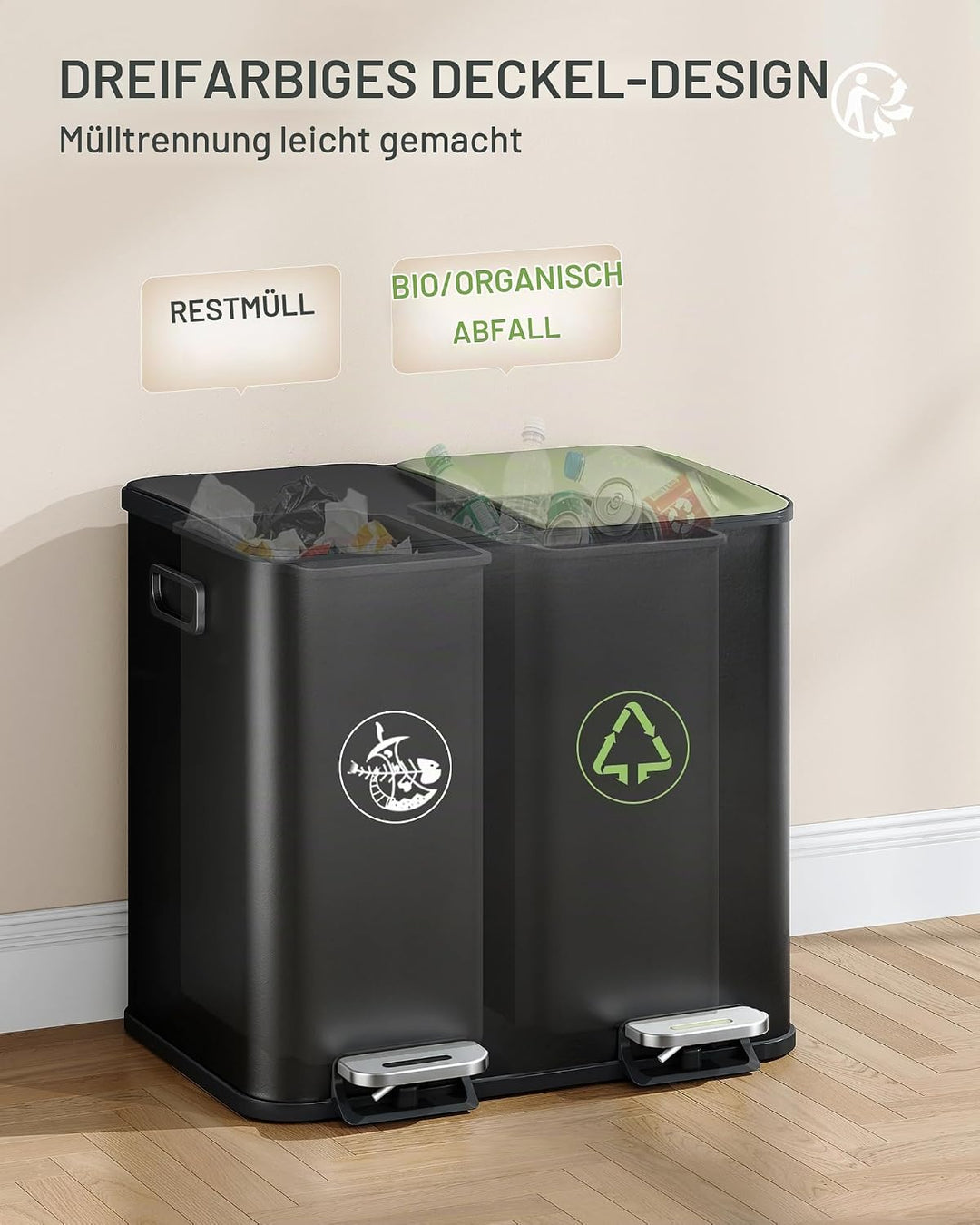 Hzuaneri Mülleimer Küche, 2 x 15 L, Mülltrennsystem 2 Fächer, Mülleimer mit Farbigem Soft-Close-Deck