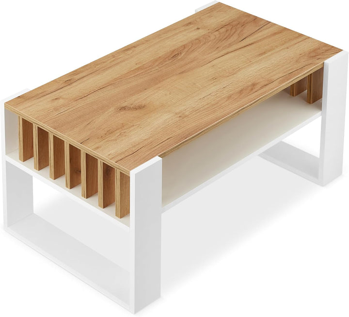 defiPad Couchtisch Eiche Weiss im Lamellendesign mit Stauraum, 92x50 cm Weiss + Eiche, Weiss + Eiche