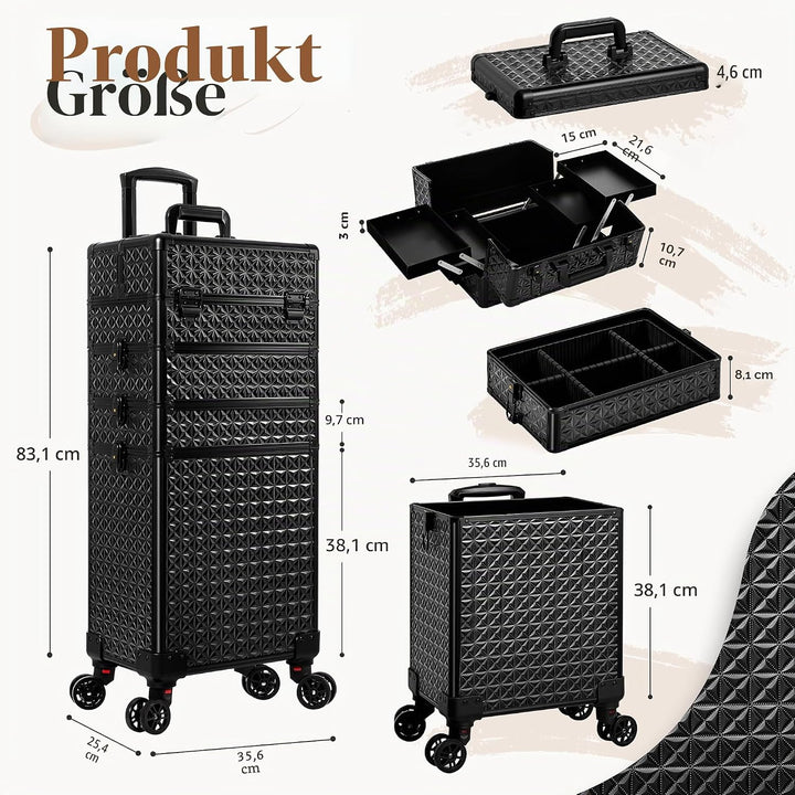 Arous 5-in-1 Profi-Kosmetikkoffer, Aluminium, mit 360° drehbaren Rädern Schwarz, Schwarz
