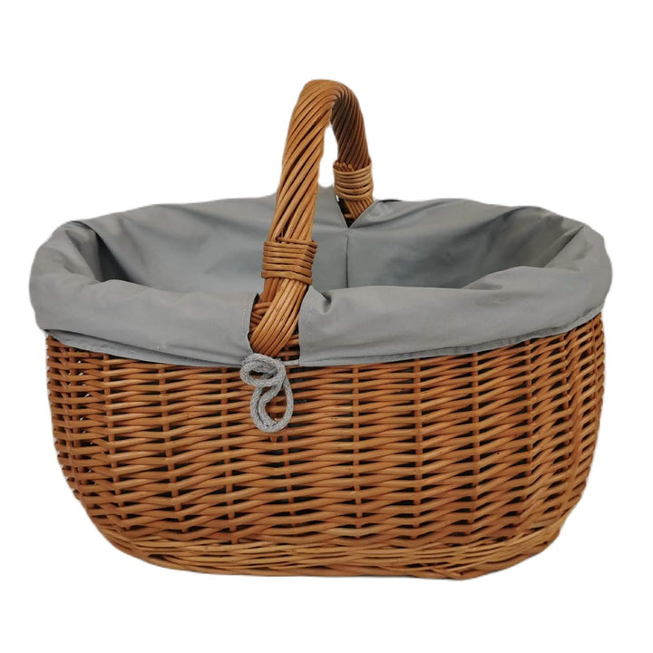 Grosser Einkaufskorb aus Weide oval Braun mit Stoff grau 46x32x35 cm