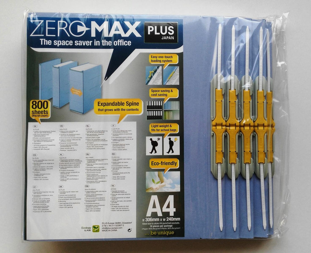 PLUS Japan, Zero Max Platzsparordner in Blau, 10er Pack (1x 10 Ordner) 10 x Blau A4, 10 x Blau A4