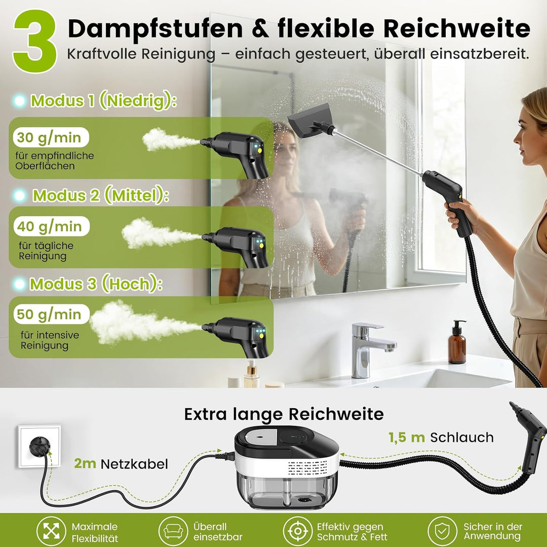 Mixoo Dampfreiniger Handgerät 1600 ml (Schwarz&amp;Weiss), Schwarz&amp;weiss