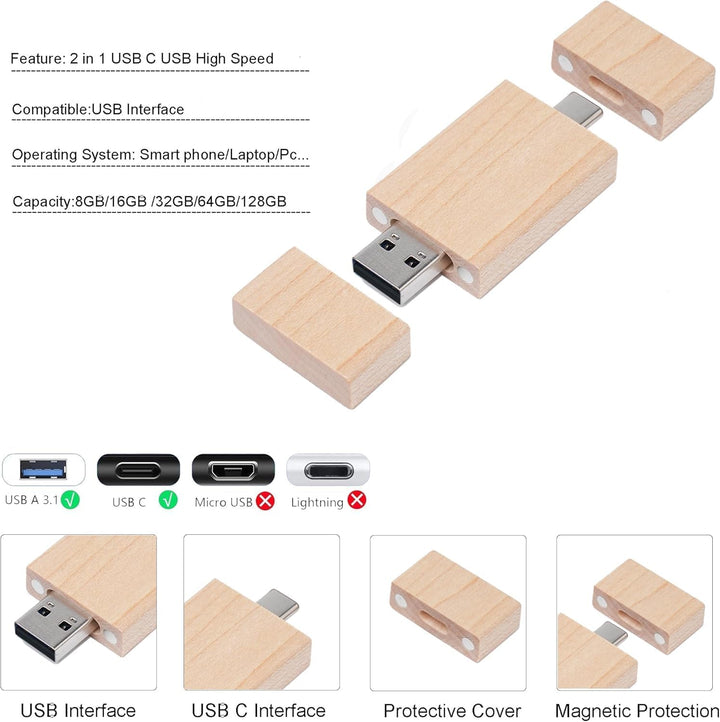 Maple Wood Box USB C Flash Drive 64GB 1 Stück, OTG USB C Pen Drive, USB 2.0 und USB C Flash Drive, T