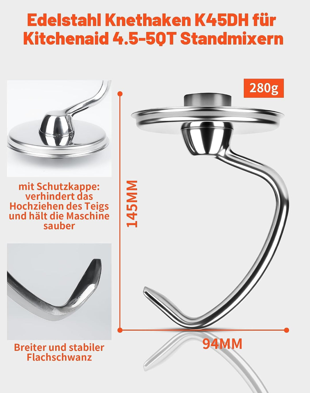 Knethaken Edelstahl für KitchenAid 4.5–5QT Standmixer K45DH Rührhaken
