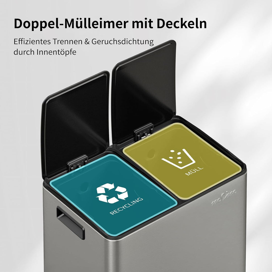 mVm Mülleimer Küche,40 Liter Treteimer,2 x 20 Liter Treteimer, 2 Fächer, Mülltrennsystem, Abfalleime