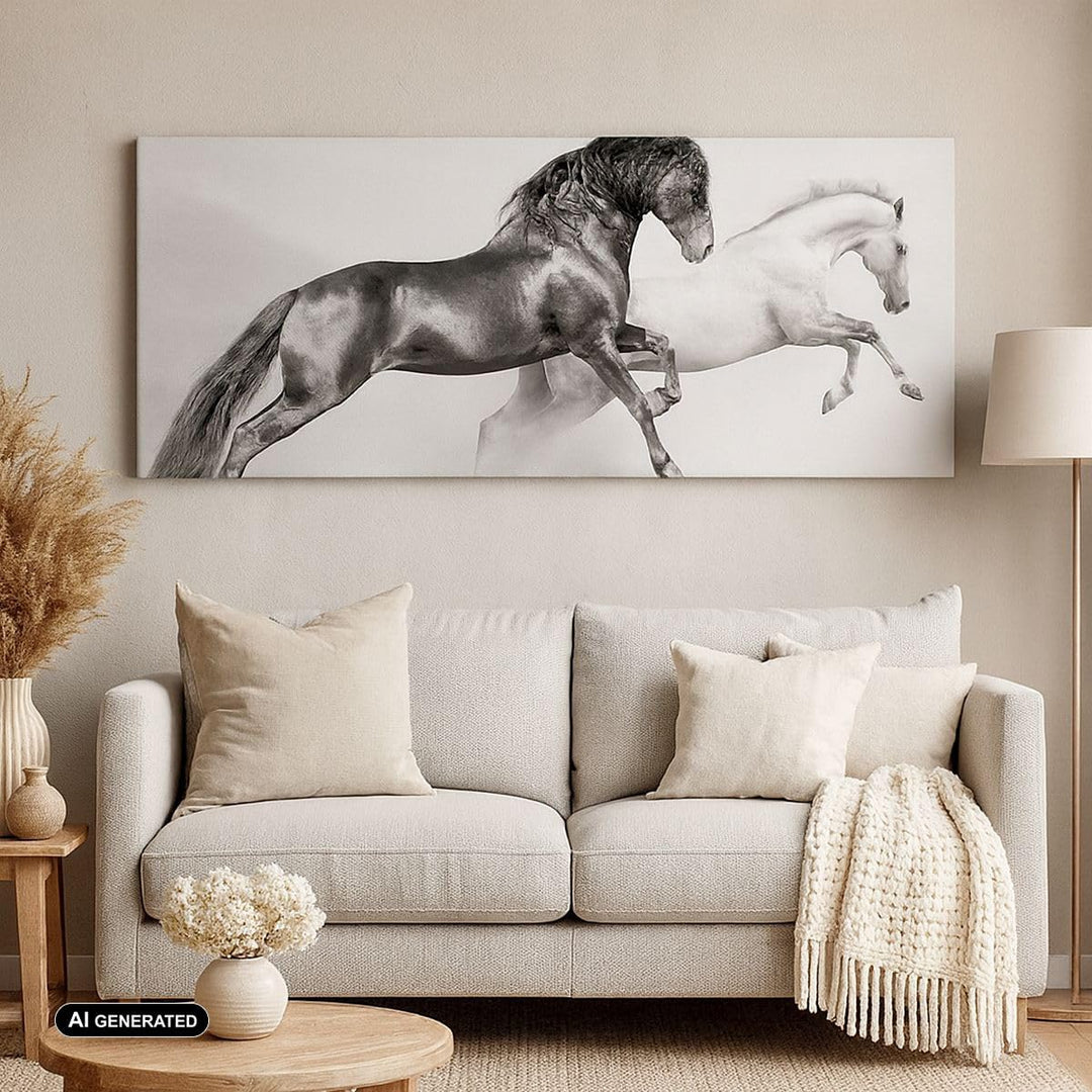 Wandbilder Dekoration Wohnzimmer Pferde Tiere Galopp Wiese Panorama Bilder auf Leinwand 120x50cm Lei
