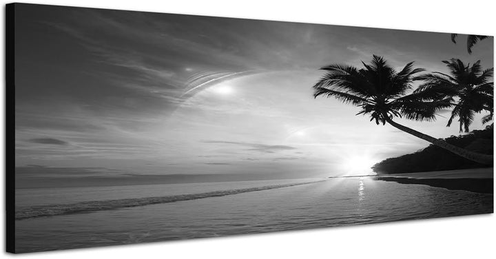 Leinwandfoto als Panorama SCHWARZ/Weiss 150x50cm Strand Meer Palmen Sonnenuntergang